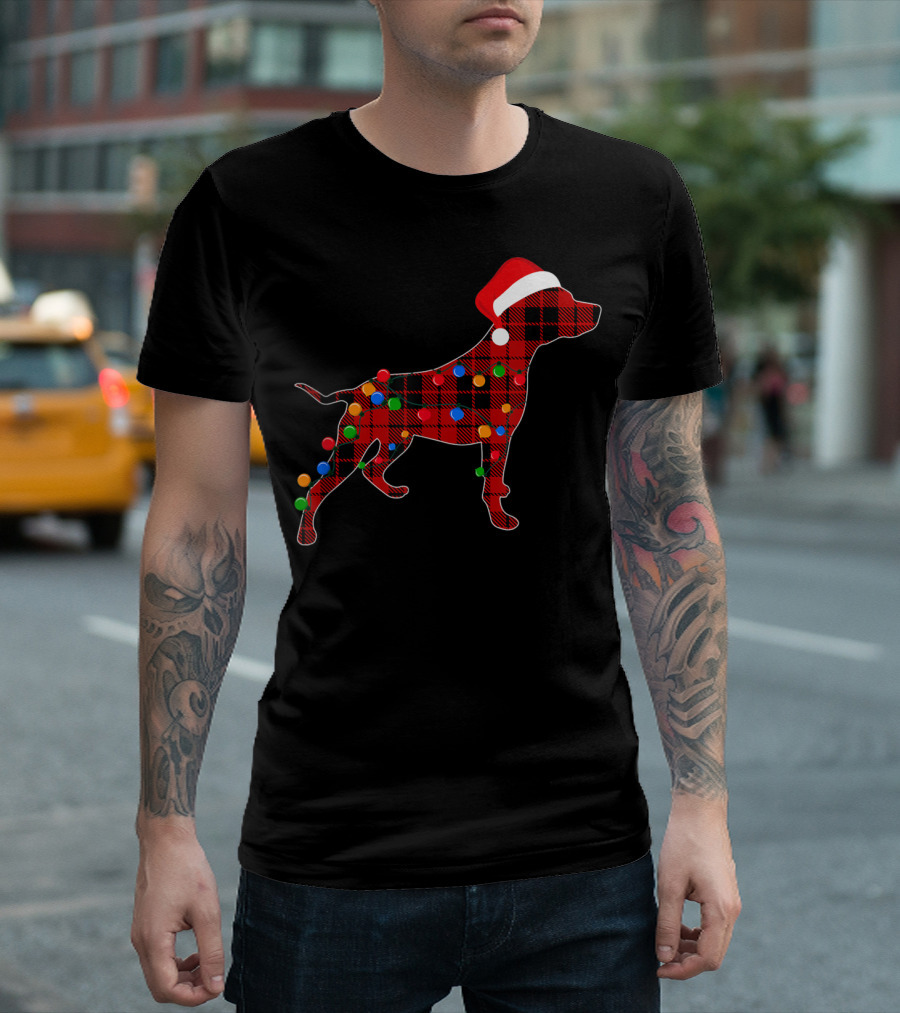 Pitbull Red Plaid Christmas Lights Santa Hat T-Shirt