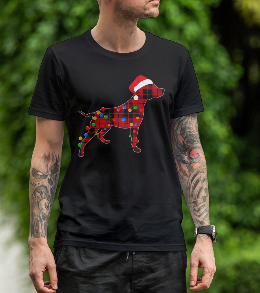 Pitbull Red Plaid Christmas Lights Santa Hat T-Shirt