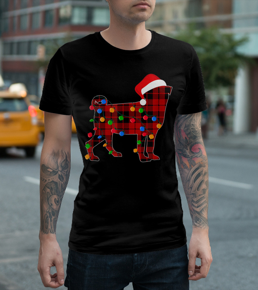 Pug Christmas Santa Hat Red Plaid Dog Wrapped in Colorful Lights T-Shirt