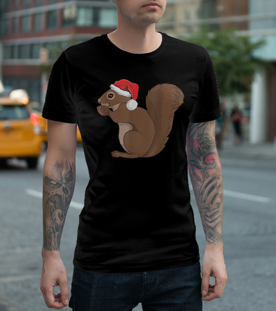 Squirrel with Santa Hat Merry Christmas Tree T-Shirt