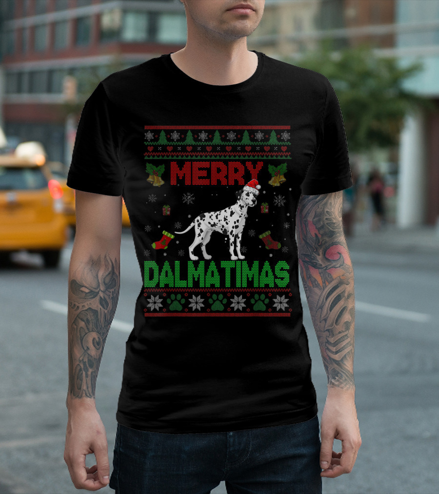 Merry Dalmatimas Festive Dalmatian Snowflakes And Paw Prints Holiday T-Shirt
