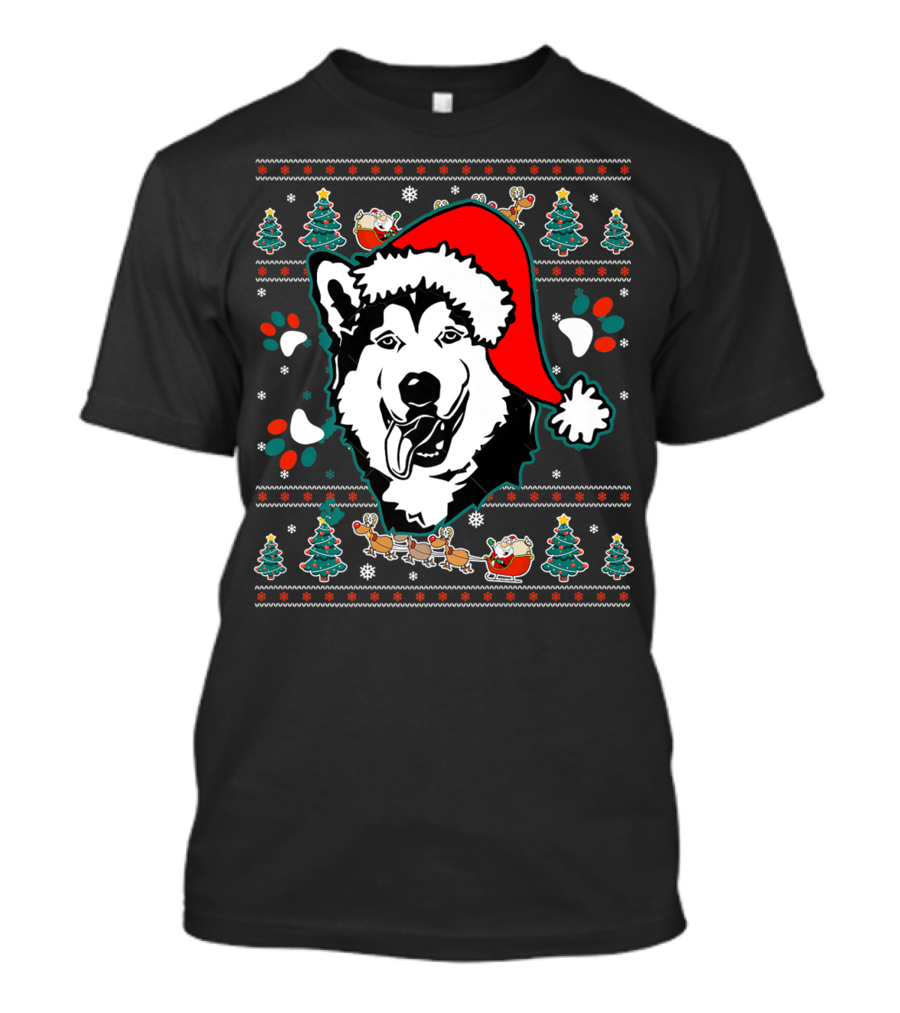 Merry Woofmas Alaskan Malamute Dog Christmas Santa Hat Trees And Paw Prints T-Shirt