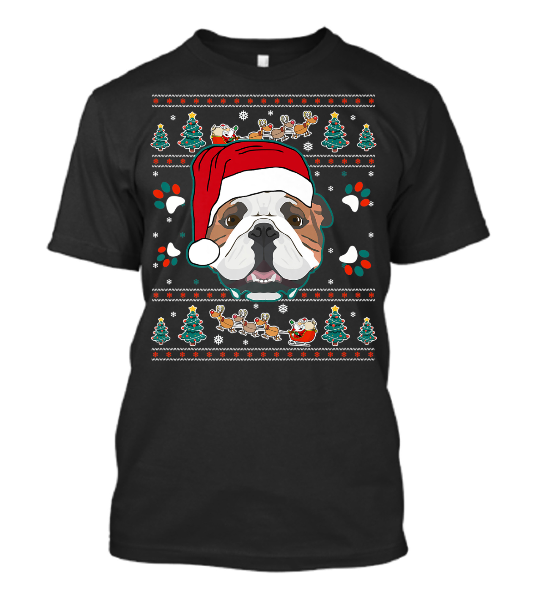 Merry Woofmas English Bulldog Dog Santa Hat Christmas Trees Snowflakes Reindeer Sleigh Paw Prints T-Shirt