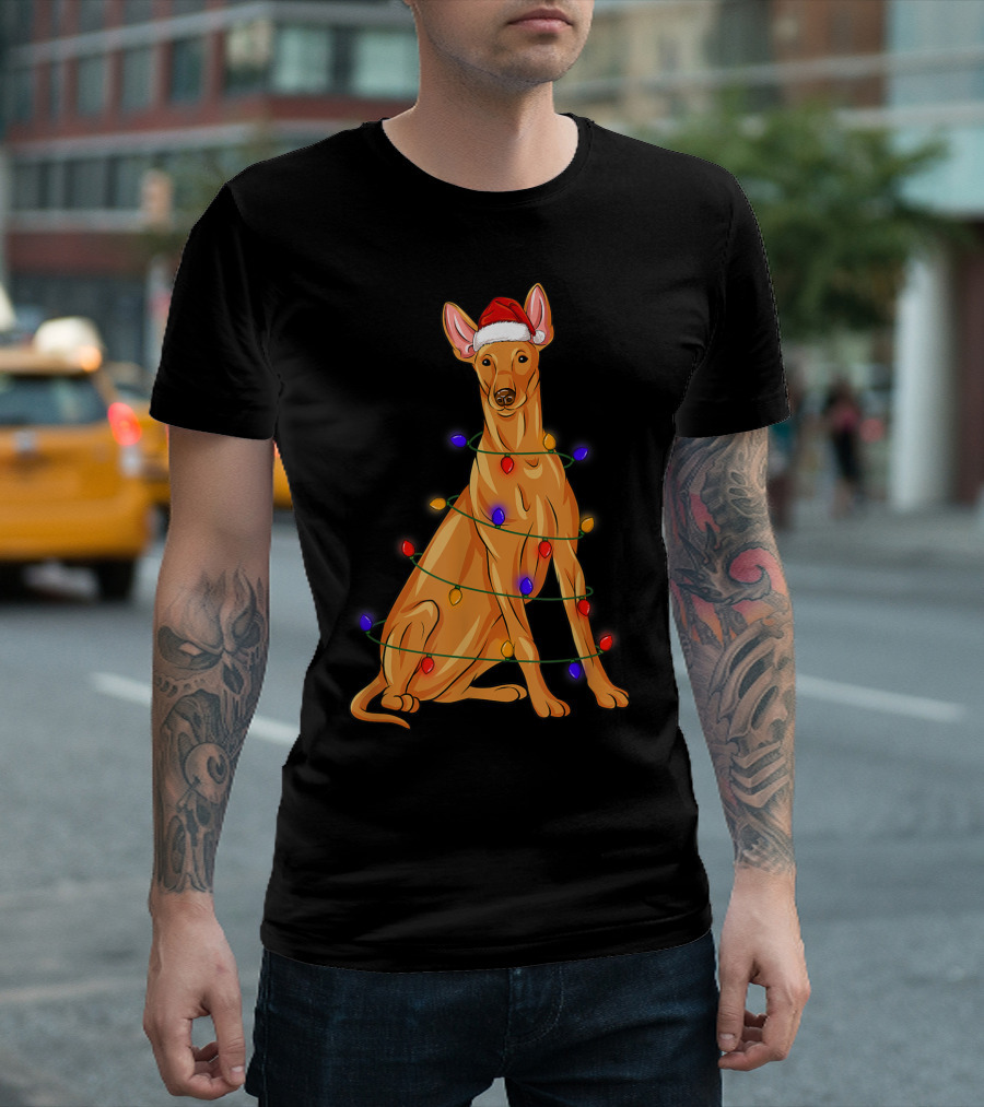 Pharaoh Hound Wrapped in Christmas Lights with Santa Hat T-Shirt