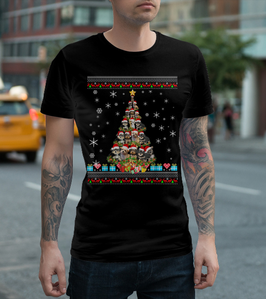Ugly Christmas Tree Morkie Dog Lovers Santa Hat Snowflakes Presents T-Shirt