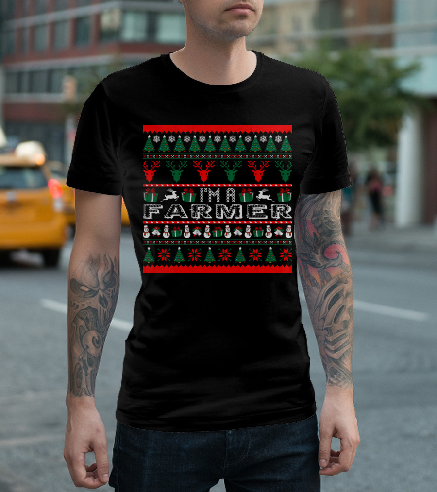 I Am Farmer Christmas Ugly Sweater Reindeer Snowman Holiday Trees T-Shirt