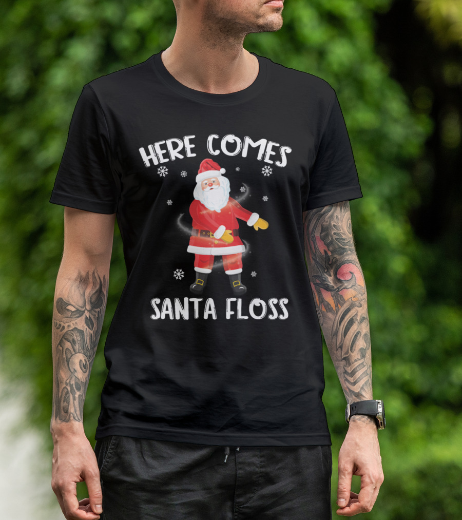 Here Comes Santa Floss Christmas Dance Santa Claus Snowflakes T-Shirt