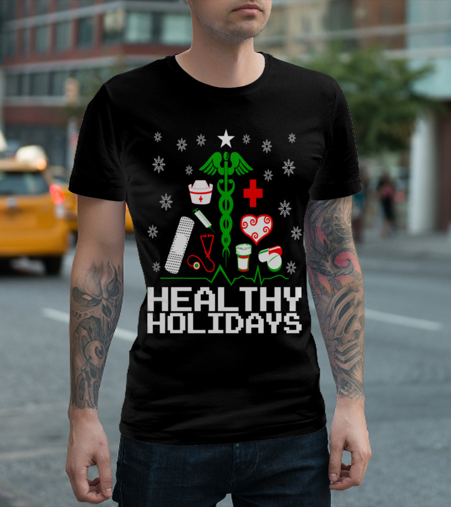 Healthy Holidays Nurse Caduceus Snowflakes Bandage Stethoscope Heart Rx T-Shirt