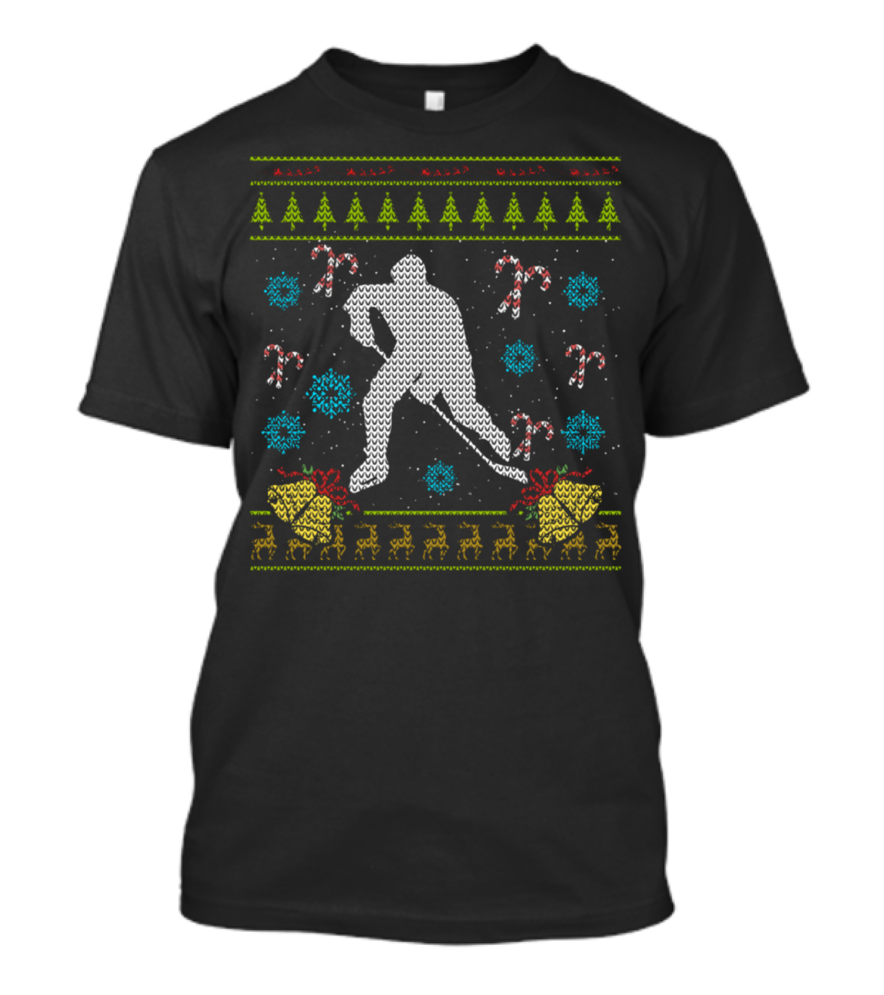 Hockey Christmas Ugly Ice Hockey Silhouette With Candy Canes And Bells T-Shirt