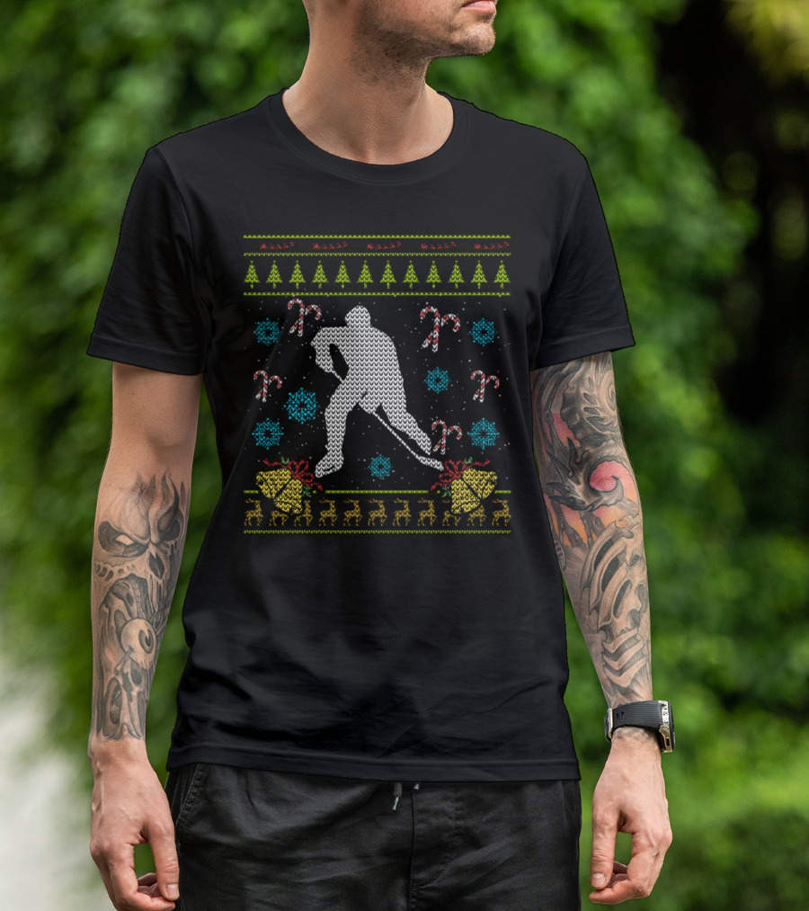 Hockey Christmas Ugly Ice Hockey Silhouette With Candy Canes And Bells T-Shirt