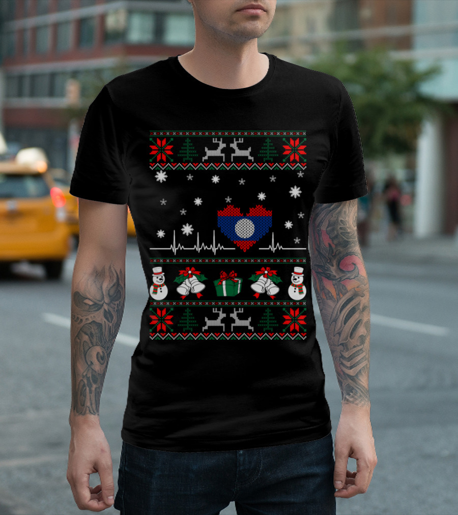 Laos Country Flag Heartbeat Christmas T-Shirt