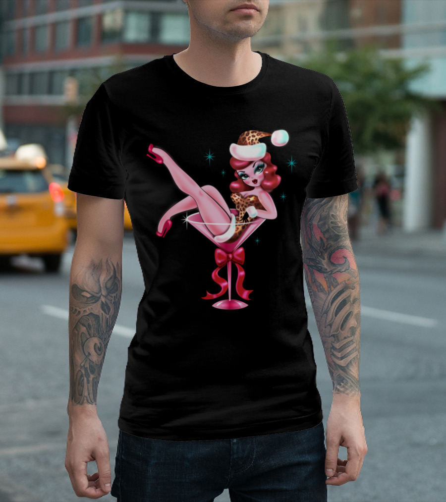 Leopard Print Christmas Girl in Martini Glass T-Shirt