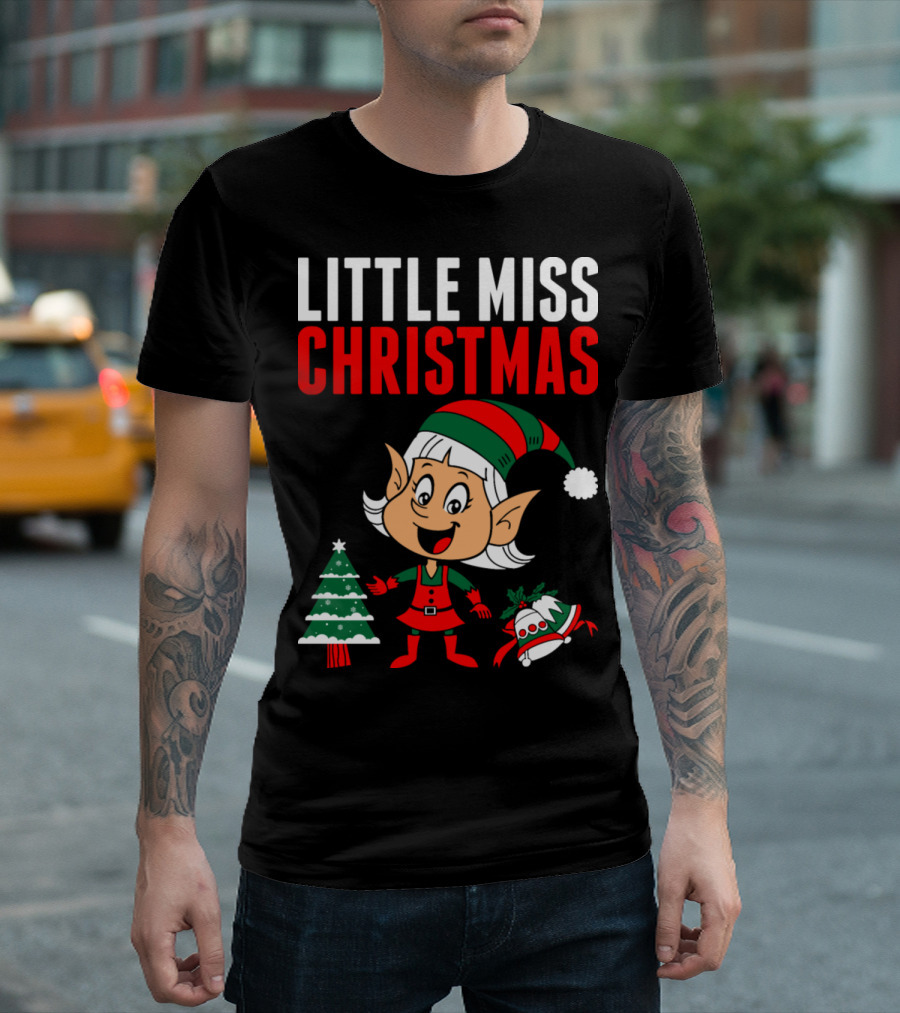 Little Miss Christmas Elf with Santa Hat and Festive Tree T-Shirt