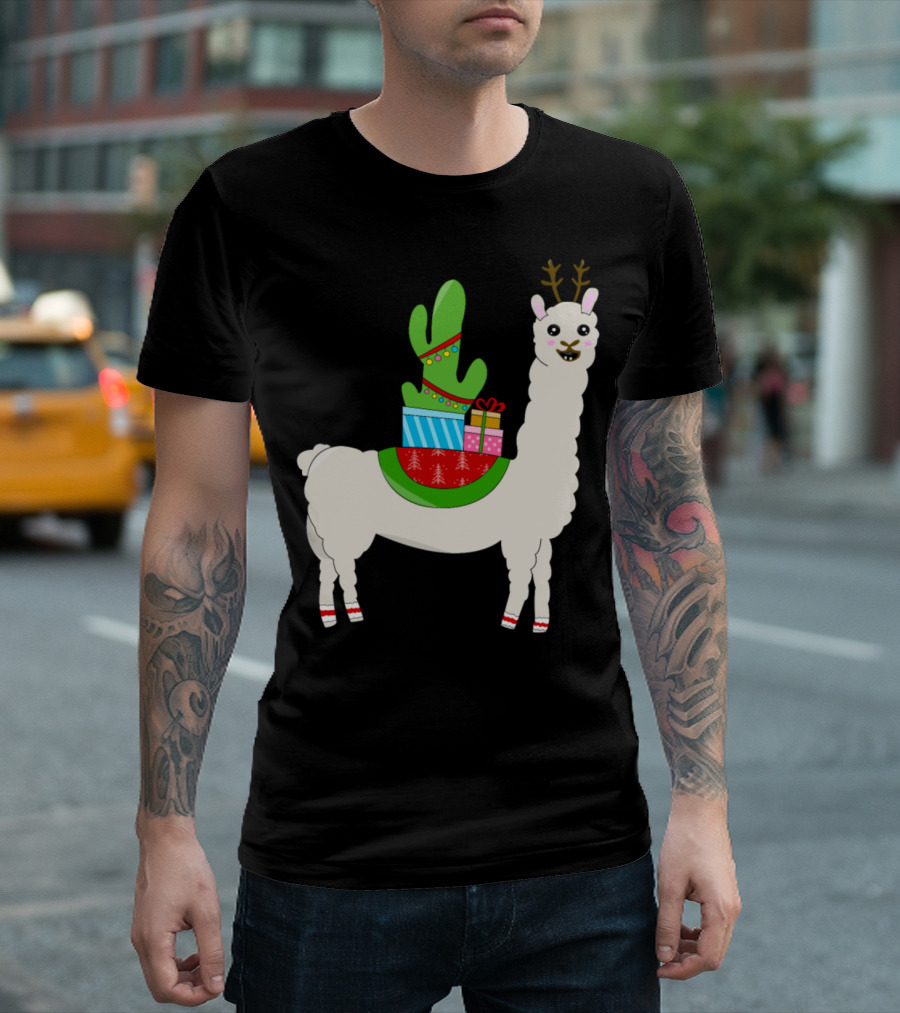 Llama with Antlers and Christmas Presents on Cactus T-Shirt