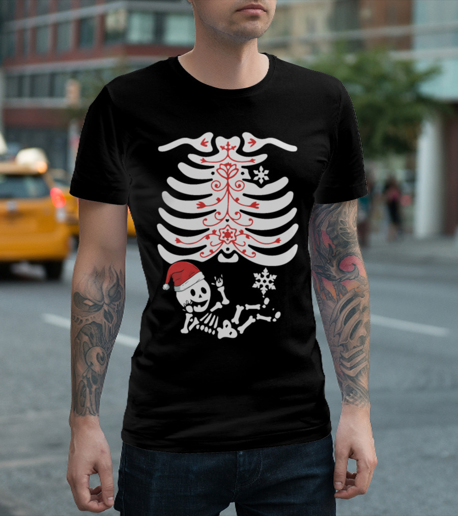 Maternity Christmas Skeleton Xray Pregnant Santa Baby Ribcage Snowflake T-Shirt