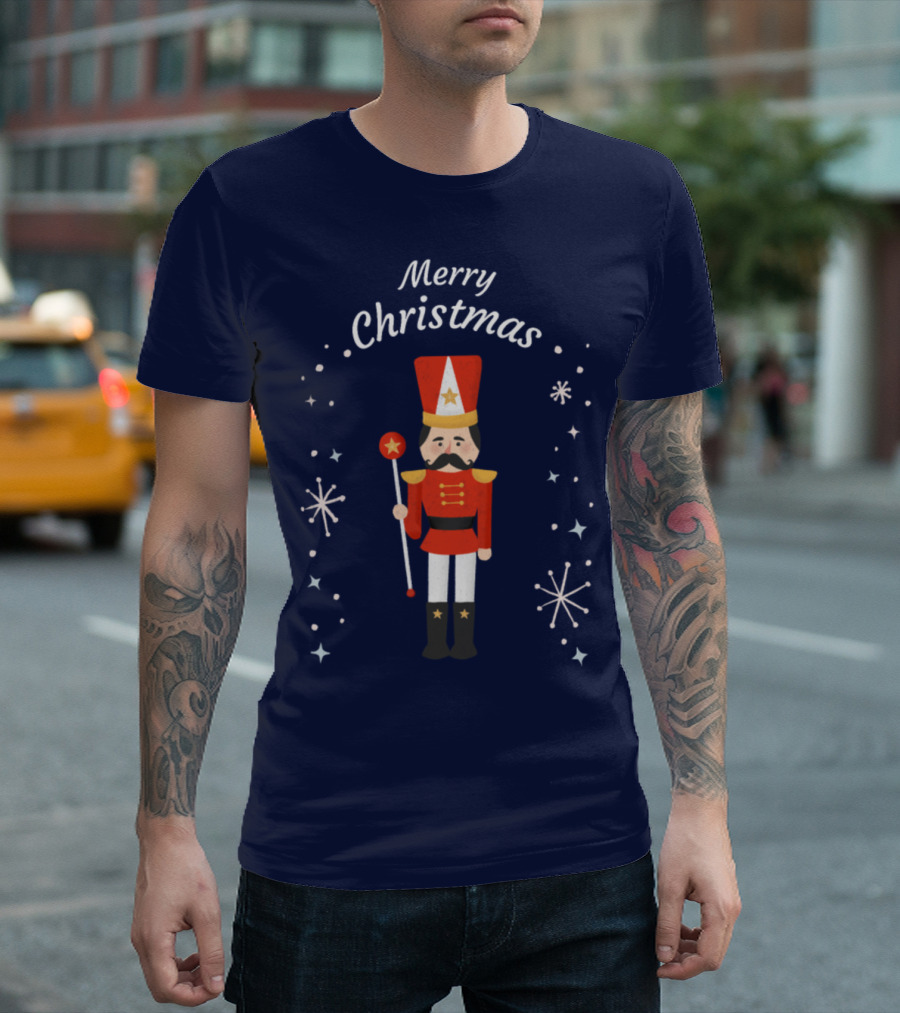 Merry Christmas Nutcracker Soldier with Stars and Snowflakes T-Shirt