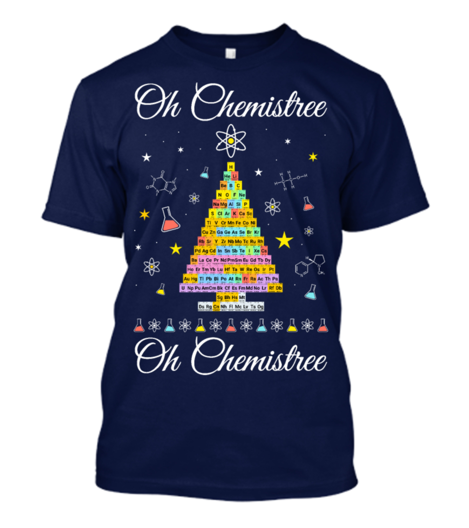Oh Chemistree Periodic Table Christmas Tree Molecules And Beakers T-Shirt