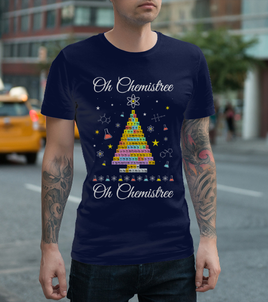 Oh Chemistree Periodic Table Christmas Tree Molecules And Beakers T-Shirt