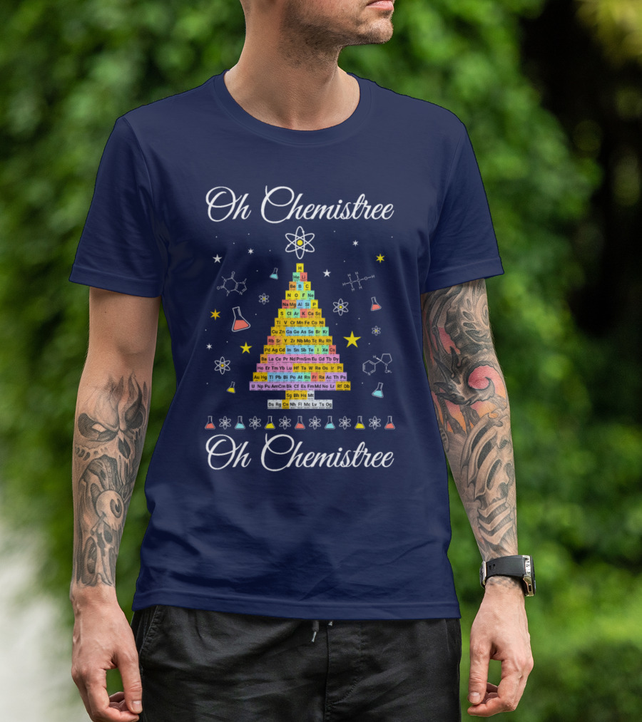 Oh Chemistree Periodic Table Christmas Tree Molecules And Beakers T-Shirt