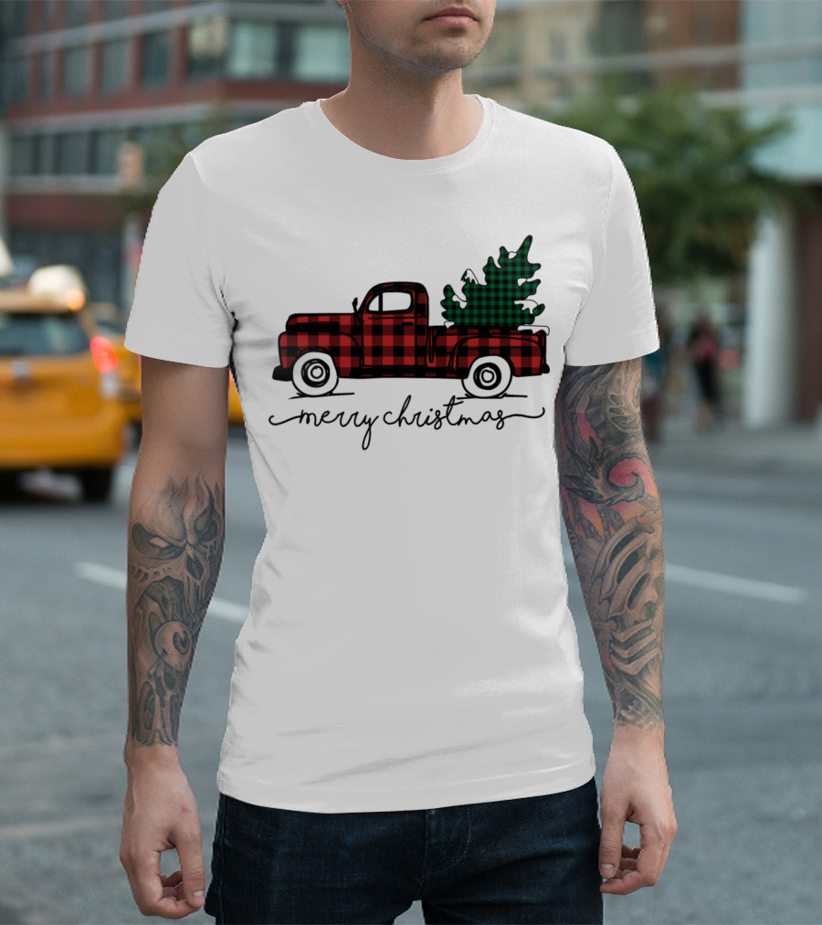 Old Vintage Truck Merry Christmas Plaid Tree T-Shirt