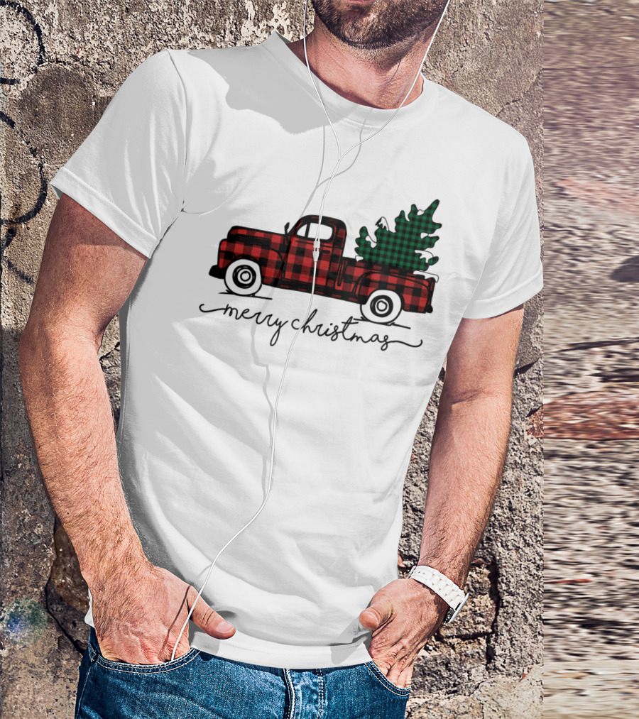 Old Vintage Truck Merry Christmas Plaid Tree T-Shirt