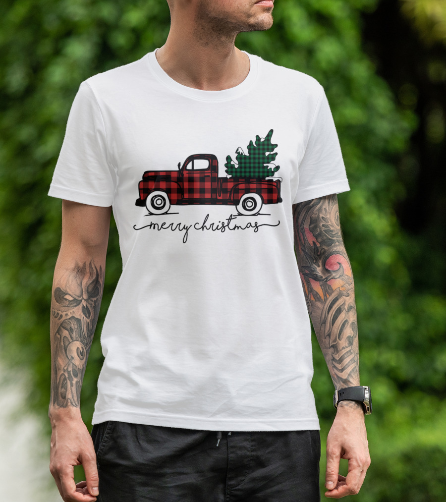 Old Vintage Truck Merry Christmas Plaid Tree T-Shirt
