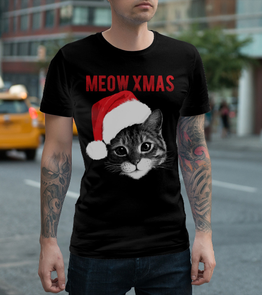 Meow Xmas Cute Cat Head Santa Hat T-Shirt