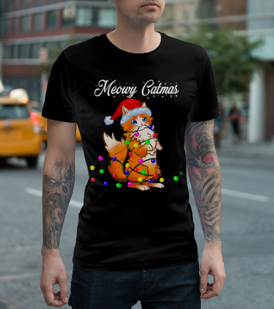 Meowy Catmas Funny Christmas Holiday Cat with Santa Hat and Holiday Lights T-Shirt