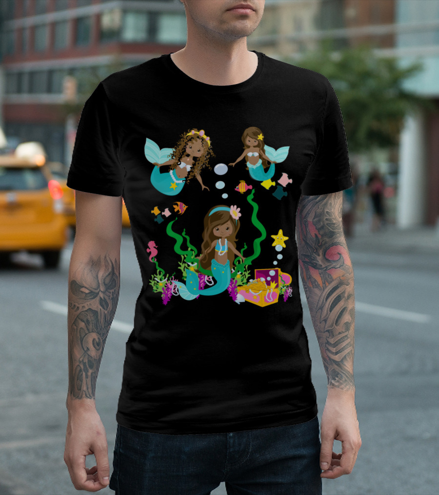 Mermaid For Girls African American Treasure Adventure with Colorful Fish and Seashells T-Shirt