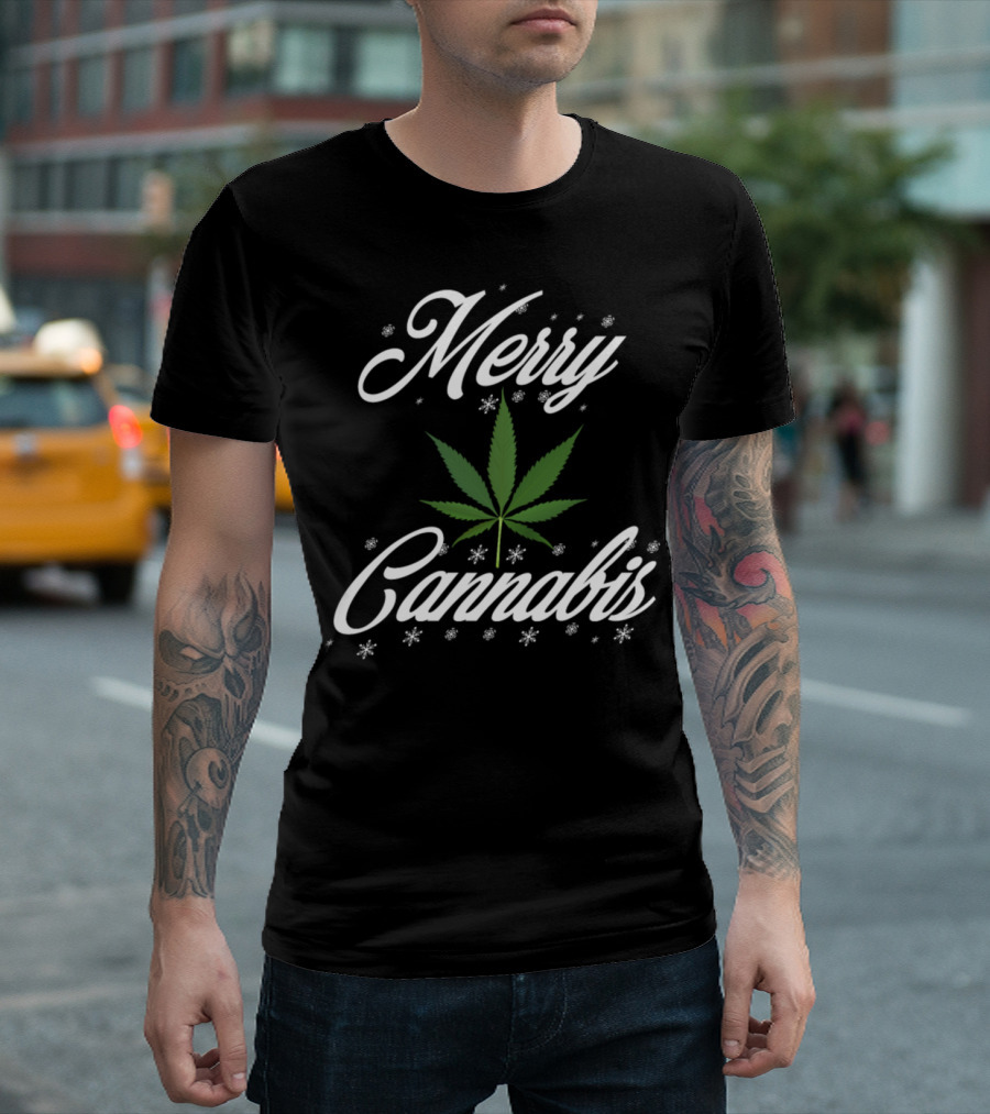 Merry Cannabis Christmas Weed 420 Leaf Holiday Snowflakes T-Shirt