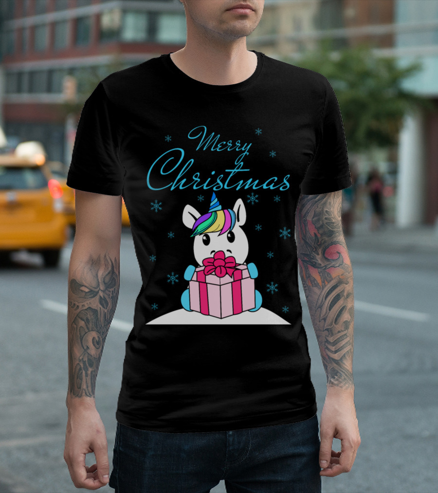 Merry Christmas Unicorn with Rainbow Mane and Gift T-Shirt