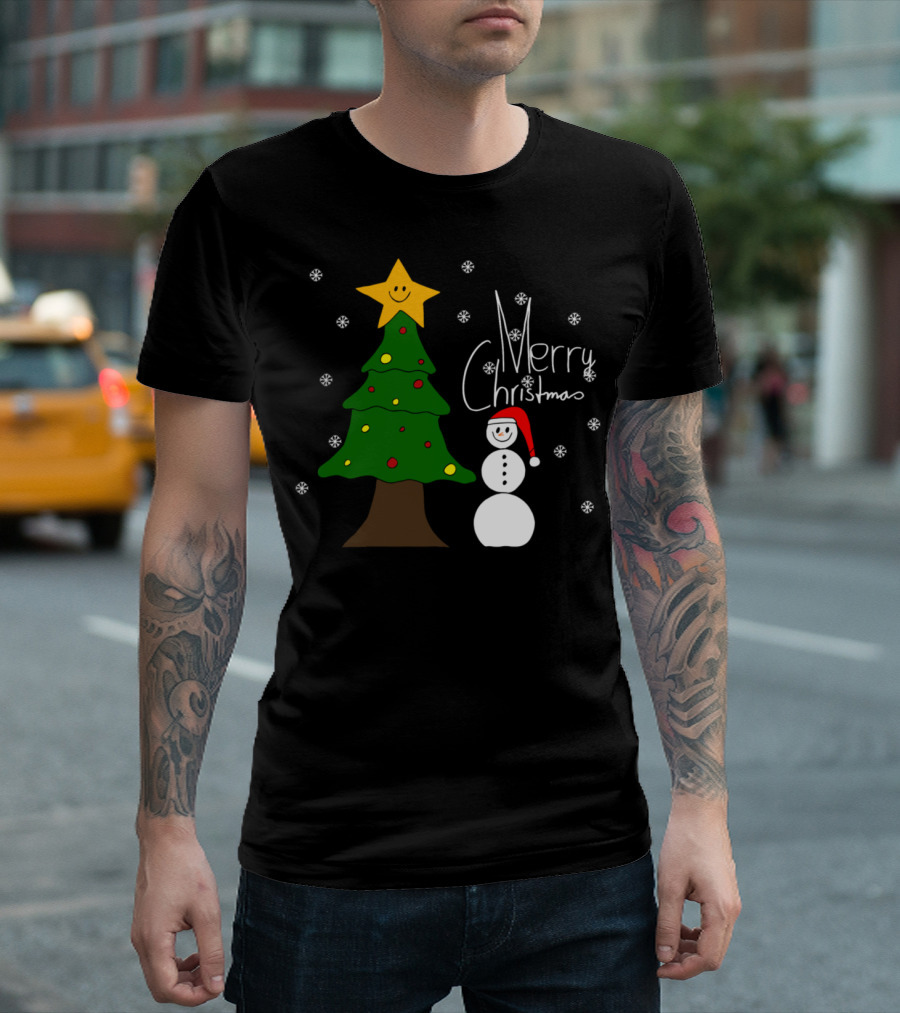 Merry Christmas Snowman and Christmas Tree with Star and Snowflakes T-Shirt