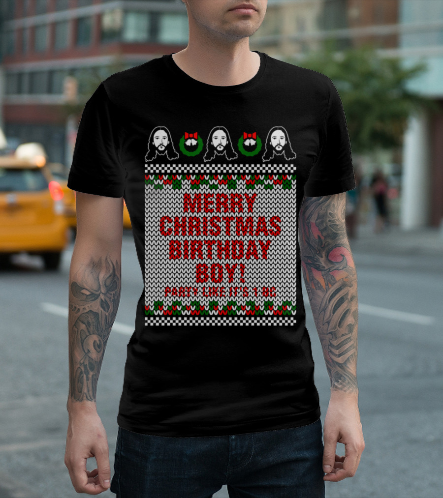 Merry Christmas Birthday Boy Party Like It's 4BC Jesus Wreath Knit T-Shirt