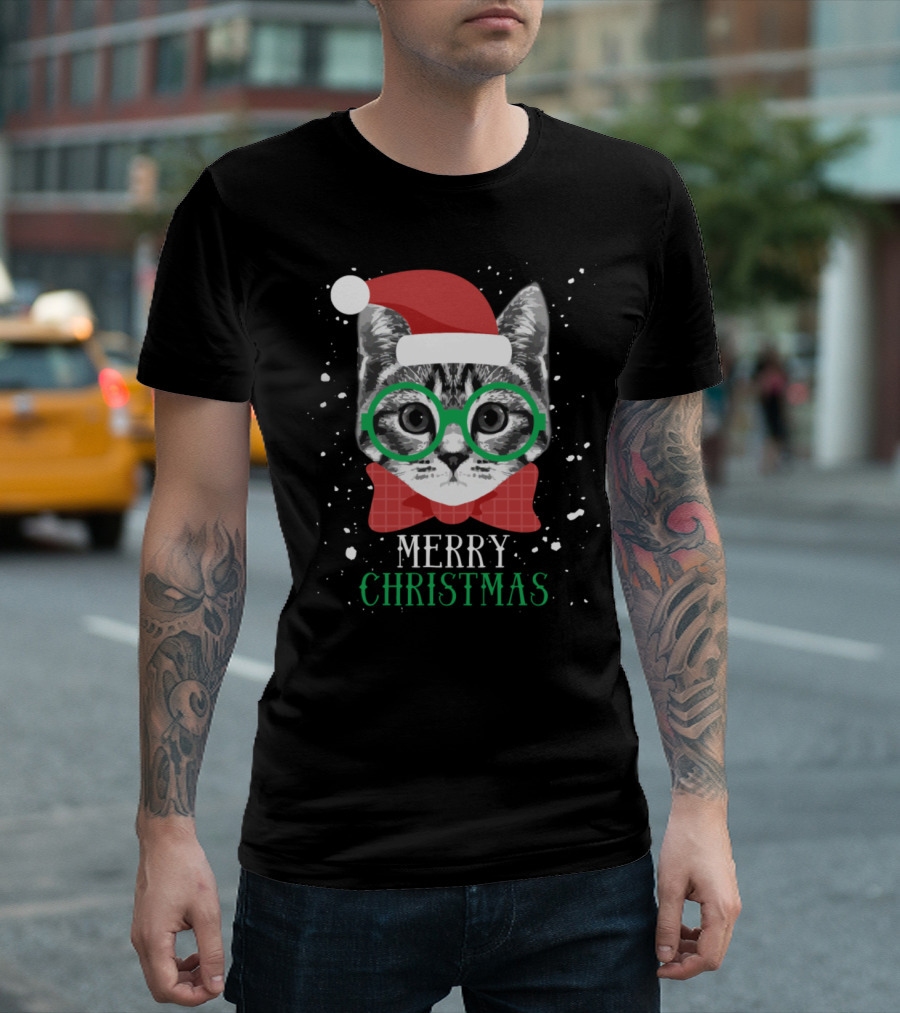 Merry Christmas Cat in Santa Hat with Glasses and Bow Tie T-Shirt
