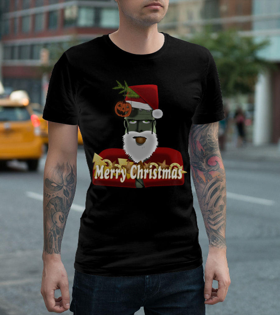 Merry Christmas Frankenstein Santa with Pumpkin Hat T-Shirt