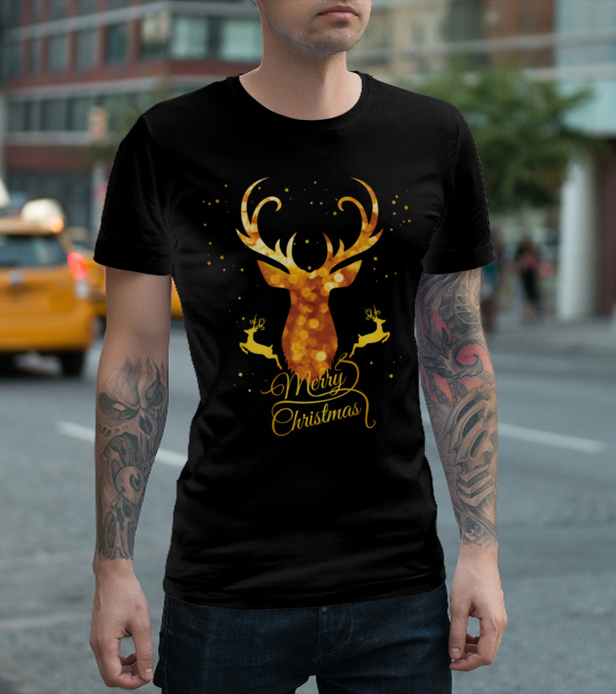 Merry Christmas Gold Antler Deer with Glittering Reindeer and Stars T-Shirt