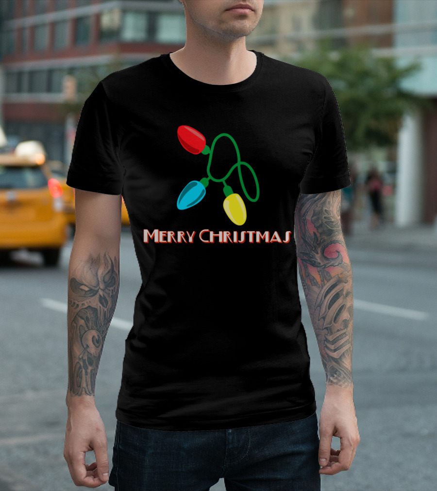Merry Christmas Festive Lights Red Blue Yellow Bulbs T-Shirt