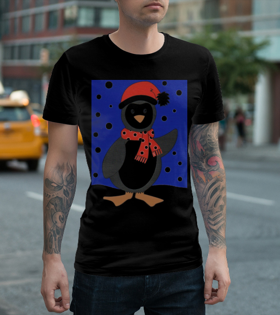 Merry Christmas Penguin with Red Santa Hat and Scarf in Starry Night Scene T-Shirt