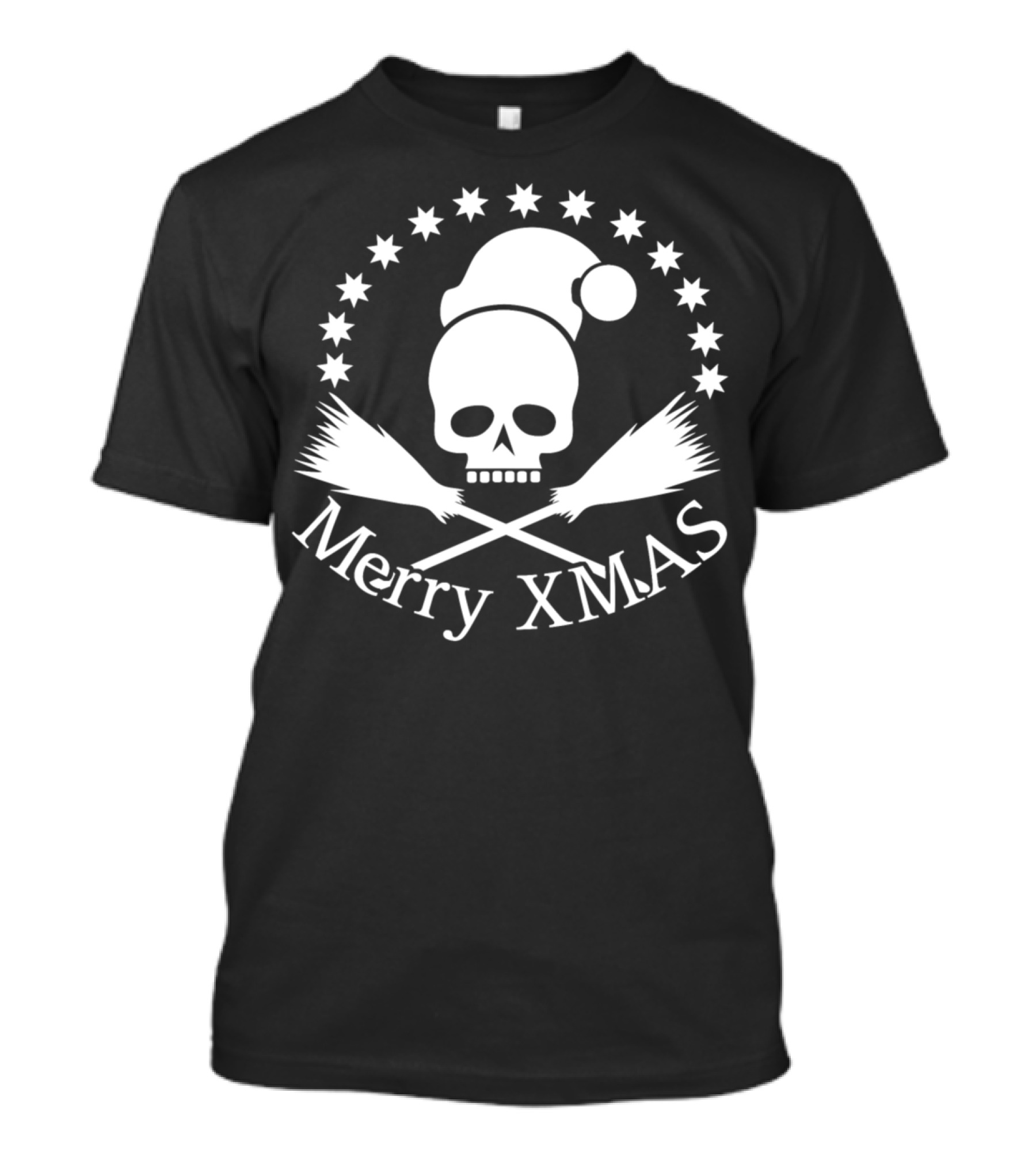 Merry Xmas Skull Santa Broomsticks Stars T-Shirt