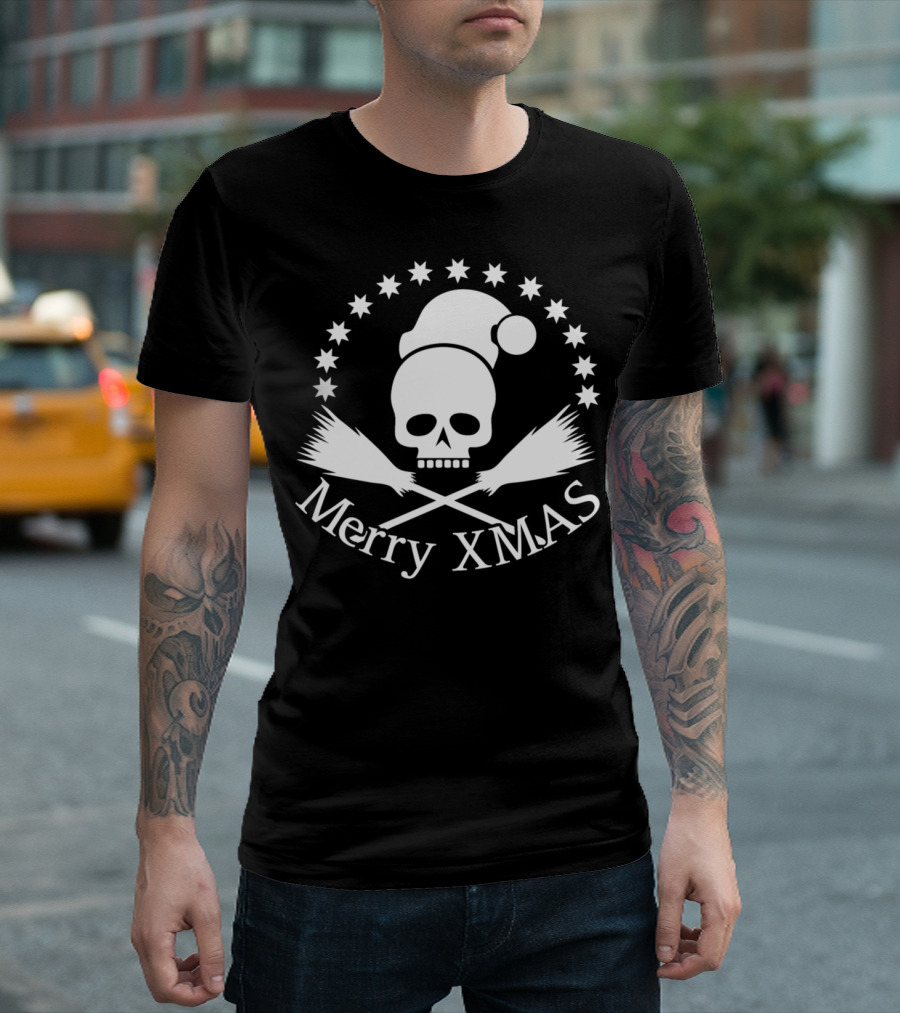 Merry Xmas Skull Santa Broomsticks Stars T-Shirt