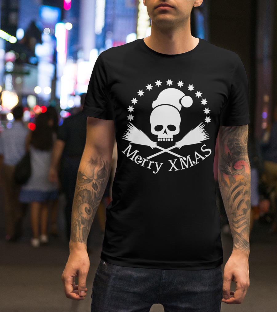Merry Xmas Skull Santa Broomsticks Stars T-Shirt