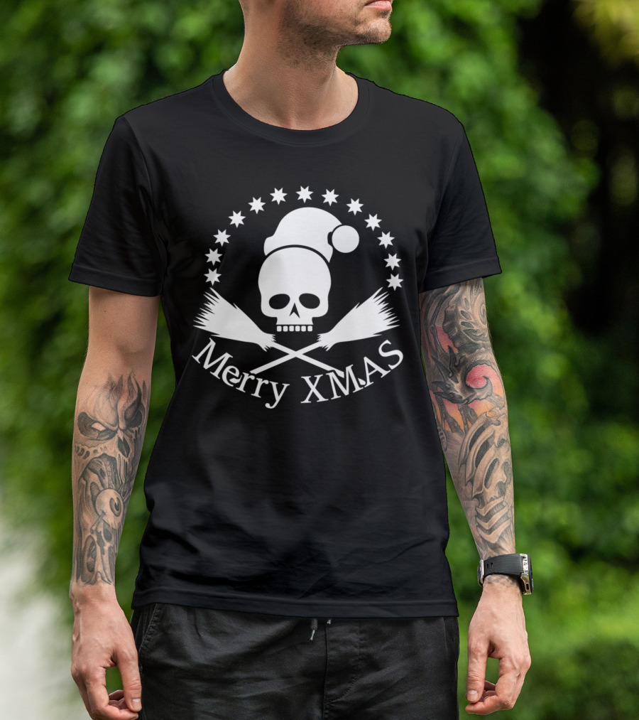 Merry Xmas Skull Santa Broomsticks Stars T-Shirt