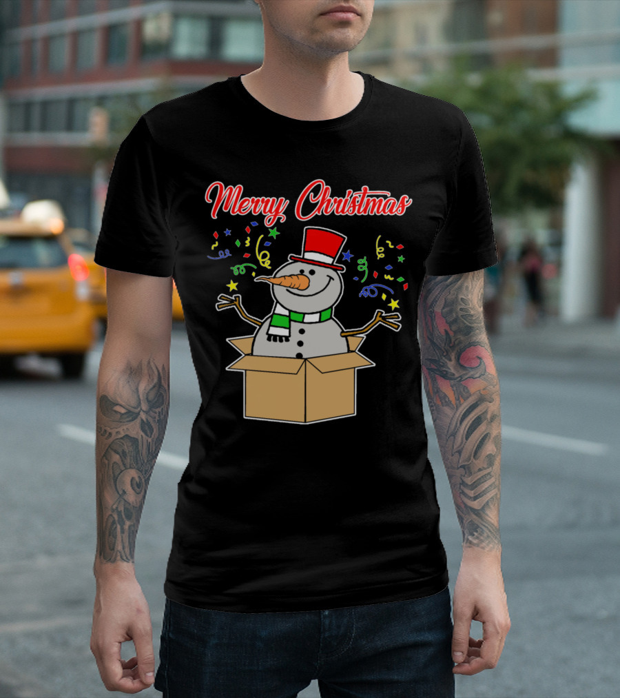 Merry Christmas Snowman in Box with Top Hat and Confetti T-Shirt