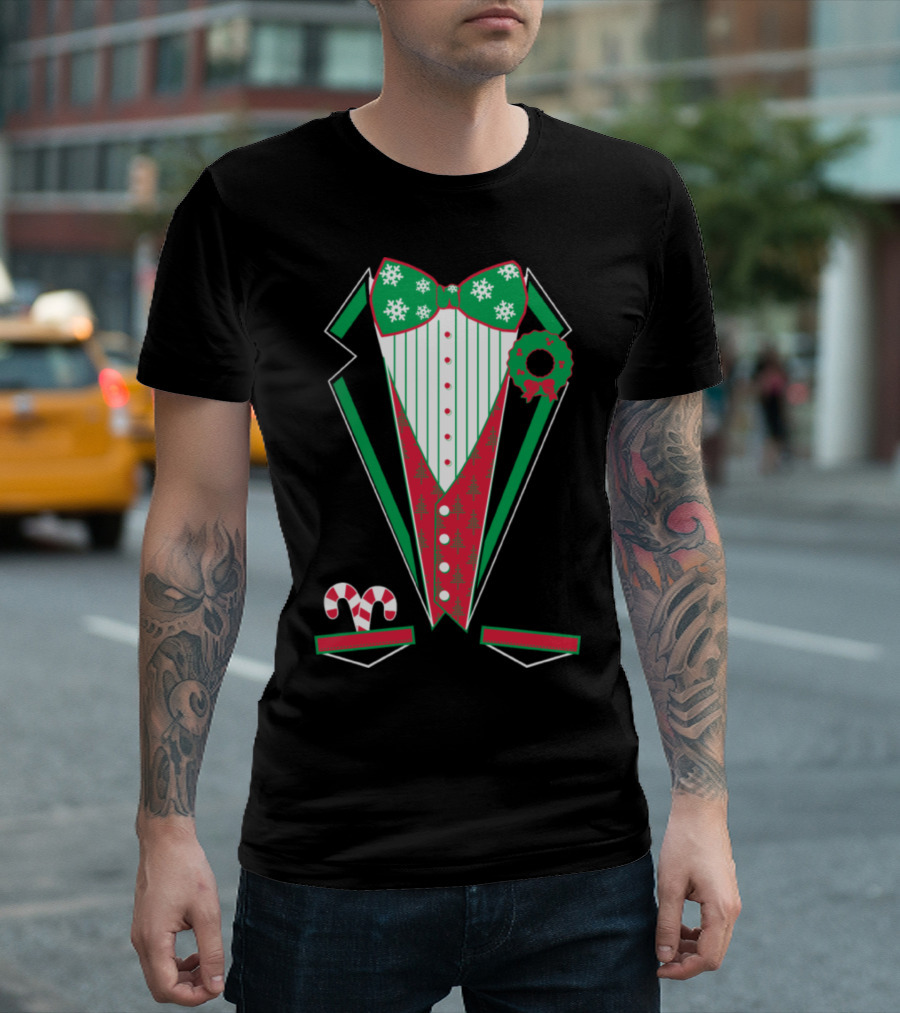 Merry Christmas Tuxedo Red Festive Bowtie Snowflakes Wreath Candy Canes T-Shirt