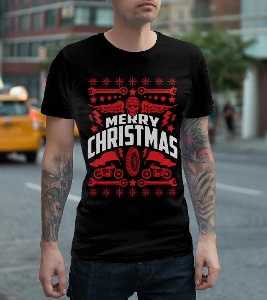 Merry Christmas Skull Wings Motorcycles Wrench Stars Holiday T-Shirt