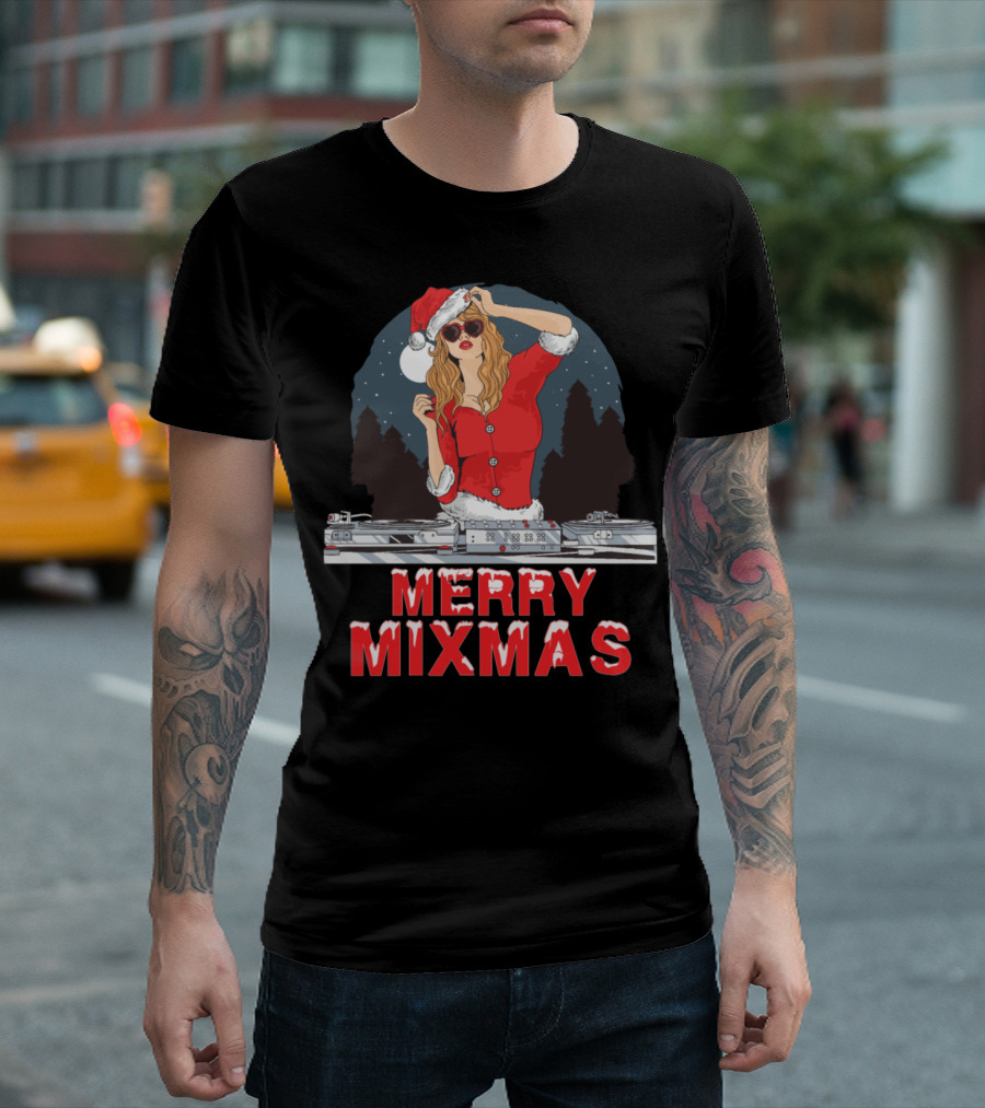 Merry Mixmas Santa Claus DJ Christmas Party with Festive Holiday Turntable Scene T-Shirt