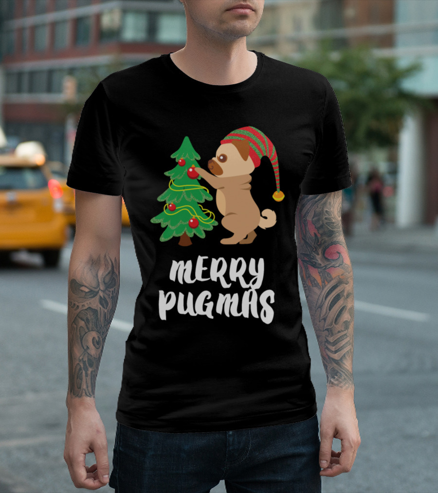 Merry Pugmas Pug Decorating Christmas Tree with Elf Hat T-Shirt