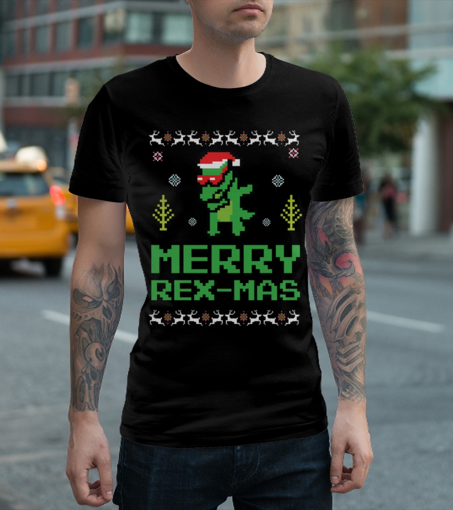 Merry Rex-Mas Dabbing T-Rex with Santa Hat and Reindeer T-Shirt