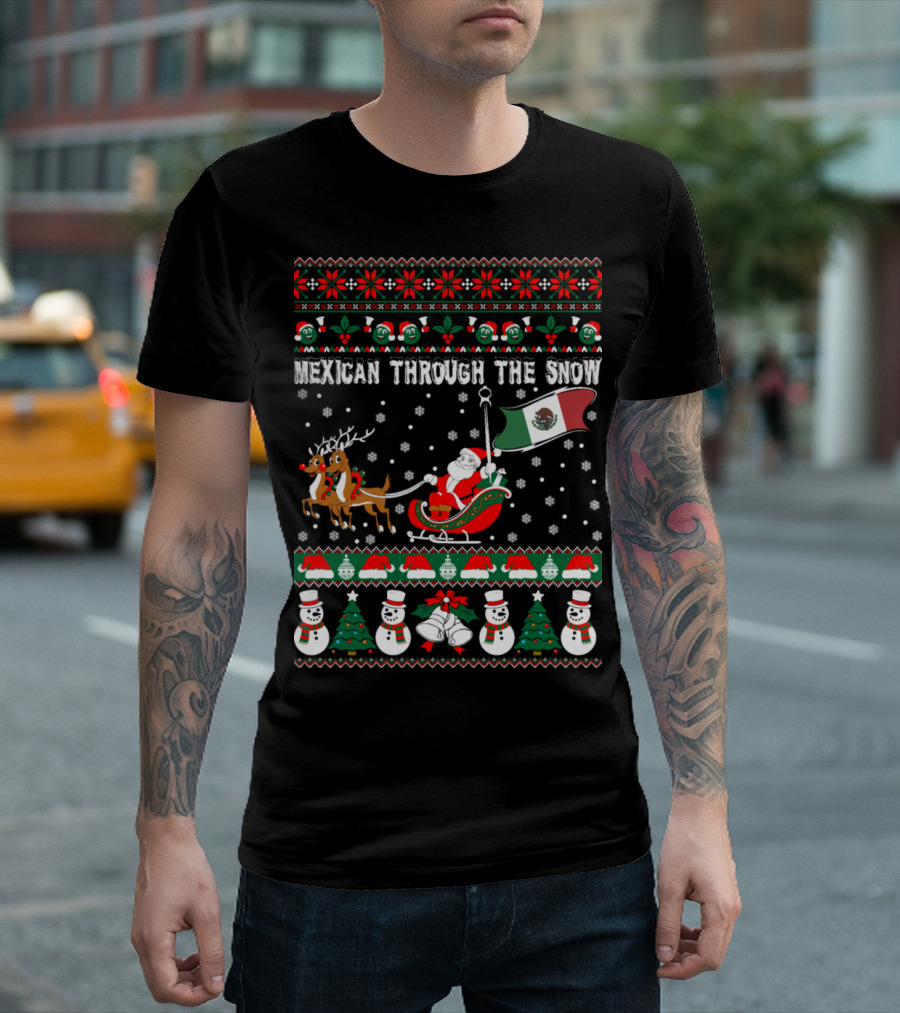 Santa Sleigh Ride Reindeer Mexican Flag Christmas Snowflakes Ugly T-Shirt