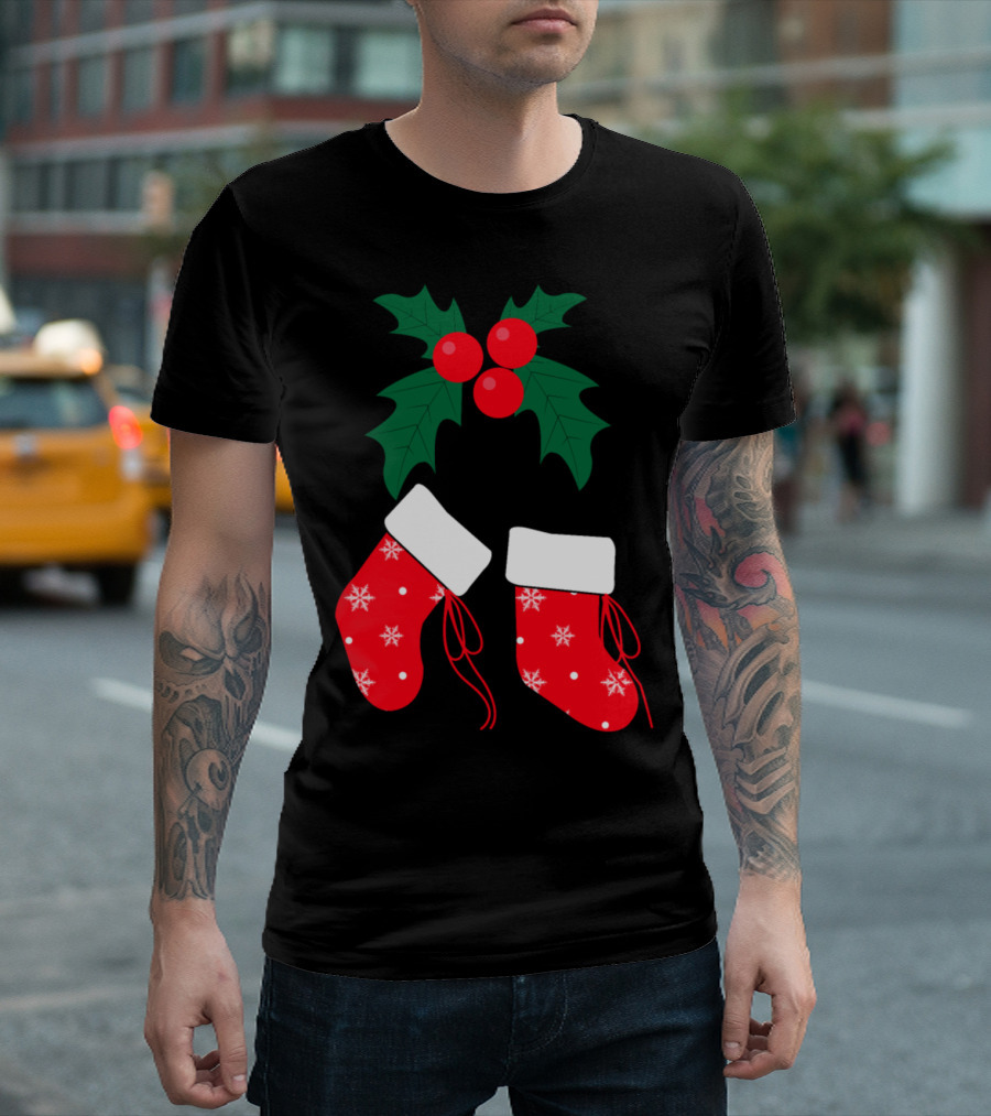 Mistletoe Red Socks Christmas Snowflakes T-Shirt